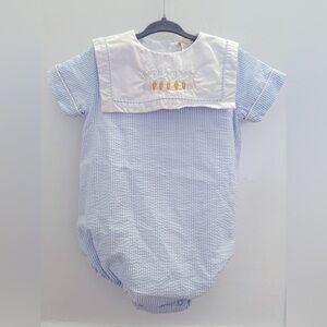 TBBC blue seersucker bubble with Thomas embroidered on front. Size 2T